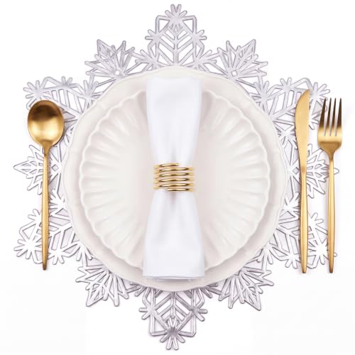 Snowflake Placemats Set of 12 - Silver Vinyl Round 15 Inch Table Mats