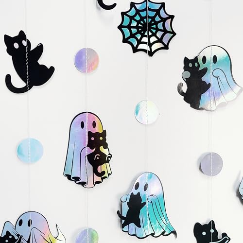 Iridescent Ghost Black Cat Halloween Decorations Holographic Garland Banner - Iridescent Ghost Design