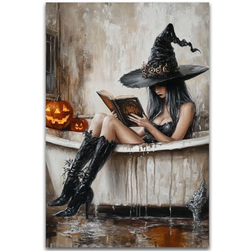 Halloween Witch Reading Wall Decor - Bathtub Pumpkins Poster Print 16x24 - Style 6