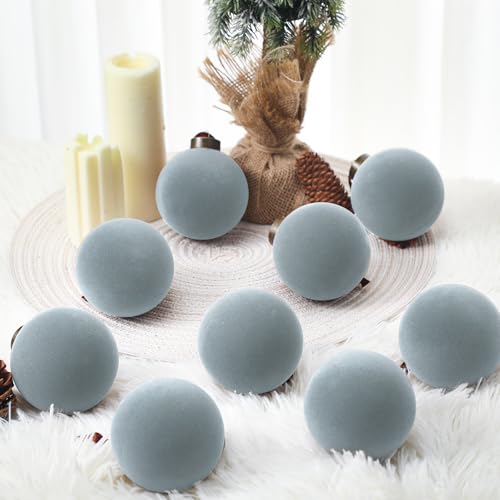 Velvet Christmas Ball Ornaments Bulk 15Pcs Flocked Tree Decorations Dusty Blue 3.15 Inch