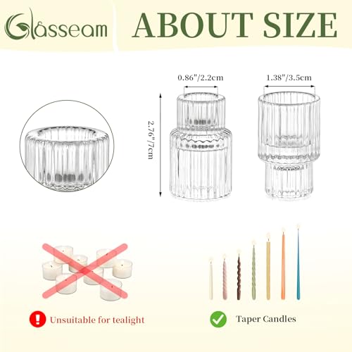 Glass Taper Candle Holders 2 Pcs Small Clear Table Decor - Elegant & Durable