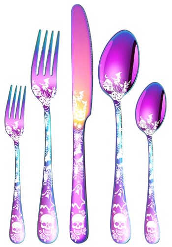 Skeleton Silverware Set - Halloween Gothic Flatware with Rainbow Finish, 5 Pieces