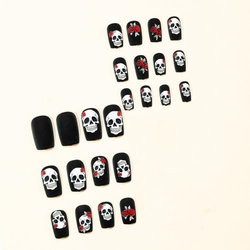 Halloween Press on Nails Black Matte Fake Nails Short Square with Skull & Rose Designs - Variation 648