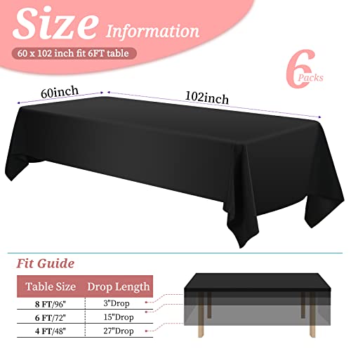Black Polyester Tablecloth for 6ft Rectangular Tables - 60 x 102 Inch, Pack of 6, Washable