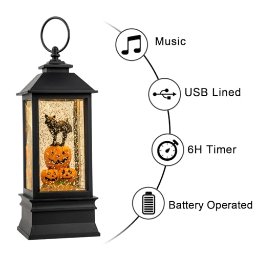 Halloween Snow Globe Lantern with Witch's Black Cat in Pumpkins - Spooky Music & Glitter, USB/Battery Operated - 10 Inch - Variation: Black Cat in Pumpkins