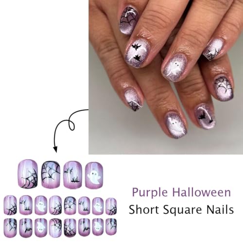 Halloween Short Square Fake Nails with Ghost Spider Web Bat Designs - 24Pcs Press-On Nails for Women