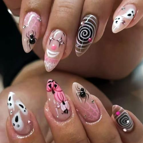 Halloween Press On Nails with Clown Ghost Rhinestones & Spider Web Design - Pink & Purple, 24Pcs