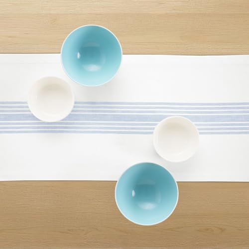 Dusty Blue & White Linen Table Runner 14x108 Inches - Farmhouse Decor
