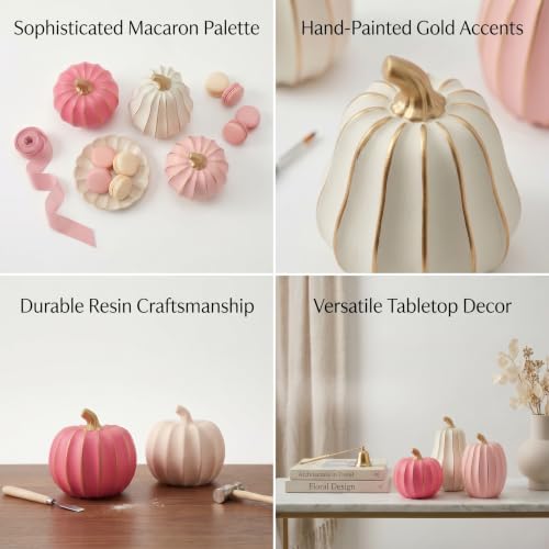 White Pink Gold Pumpkin Decor Set - 3 Resin Fall Figurines with Gold Trim & Metallic Stems - Variation of THIS listing