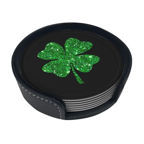 St. Patrick's Day Shamrock Coaster Set with Holder - 6 Green Leather Drink Coasters, 4 Inch, Cute Table Decor - One Size