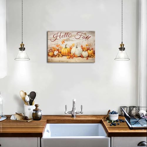 Rustic Fall Pumpkin Wall Art - Hello Fall Canvas Print with Maple Leaves, 16"L x 12"W