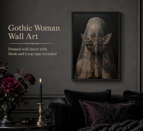 Gothic Veiled Woman and Moth Canvas Wall Art 16x24 Inch - Dark Academia Decor