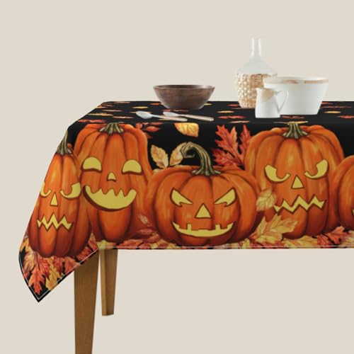 Halloween Tablecloth 54x54 Inch Square Spooky Pumpkin Leaves Water-Resistant Fabric
