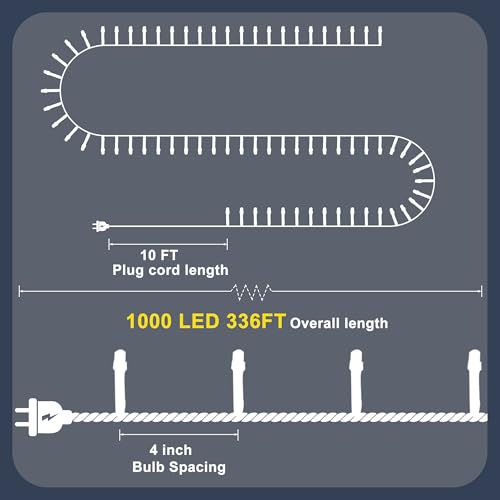 Blue LED Christmas String Lights 1000 LEDs 336ft with 12 Modes Outdoor Fairy Decor