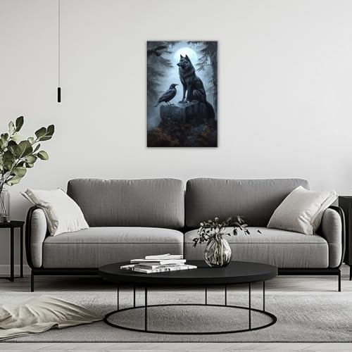 Wolf Raven Wall Art Canvas Print - Gothic Nature Wildlife Decor, 24x16 Inches - Variation Wolf-04