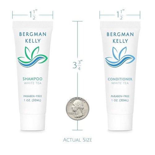 Bergman Kelly - Hotel Toiletries Bundle - White Tea, 1 oz each, 125 Pieces - 5-Piece Set: 25 each Round Bar Soap, Shampoo, Conditioner, Body Lotion & Body Wash - Bulk Mini Guest Amenities