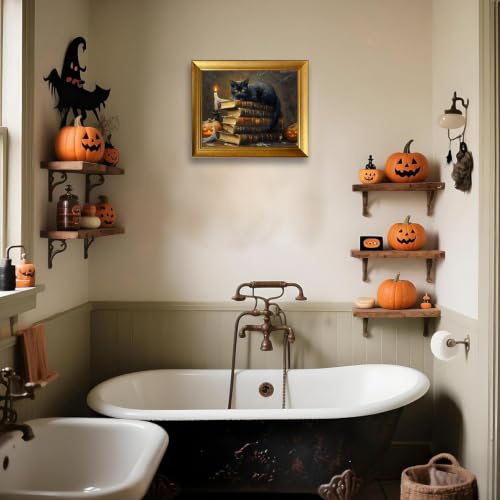 Gongyuanyihao Arts Vintage Halloween Wall Art - Black Cat & Pumpkins Canvas Print, 10x12in Ready to Hang