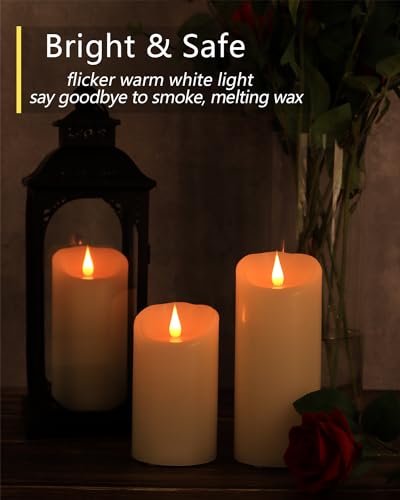 Flameless Candles Set of 3 - 3" x 5"6"7" Ivory LED Pillar Candles with Remote Timer - Real Wax, Flickering 3D Moving Flame, Last 1000+ Hours, Home Wedding Decor