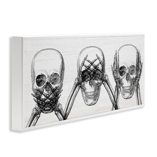 Speak See Hear No Evil Skull Wall Art - White Frame 10x24 Inches