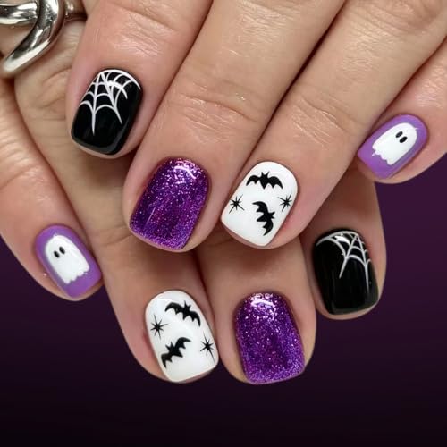 Halloween Fake Nails Short Square Press On Nails with Purple Glitter Cobweb Bat Ghost Design - Variation H6