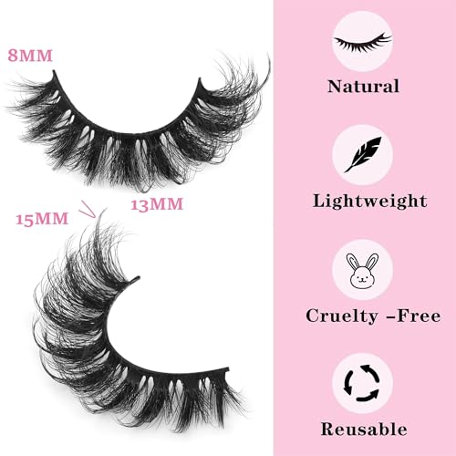 Wispy Cat Eye Mink Lashes - 15mm Natural Look False Eyelashes - E - Wispy