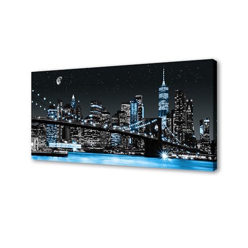 Night View Canvas Wall Art - New York Manhattan Brooklyn Bridge 48x24 Inches Blue Cityscape Framed