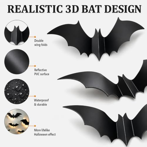 3D Bat Wall Decor Halloween Stickers - 140 Pieces, Realistic & Reusable