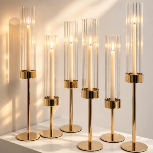 Gold Hurricane Taper Candle Holders Set of 6 - Brass & Ribbed Glass Centerpieces for Wedding & Home Decor