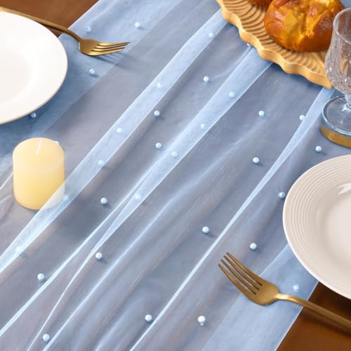 Light Blue Pearl Light Blue Table Runner 10FT Fall Tulle Gauze Boho Cheesecloth - Variation of This Listing