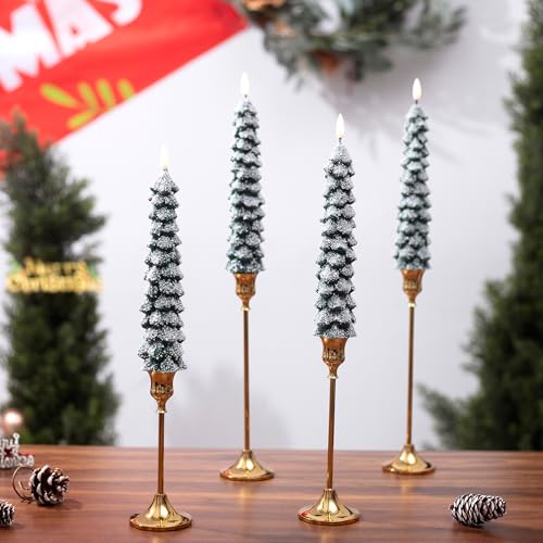 Snow Covered Flameless Christmas Tree Candles Set - 4 Pack, Remote Control, 9.65 Inch