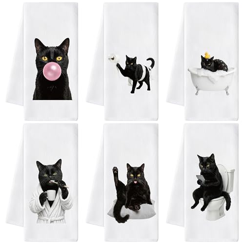 Black Cat Hand Towels 6 Pack - Decorative Polyester Bathroom Cloth Set - Variation: Black Cat