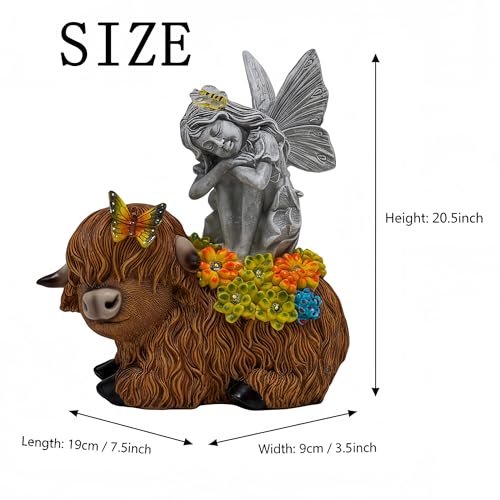 Solar Angel Sitting on Highland Cow Garden Statue with LED Lights - Outdoor Decor Gift