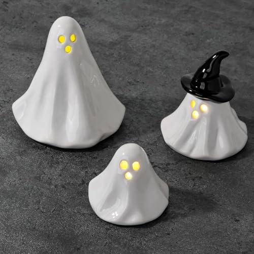 Ceramic Light-Up Halloween Ghost Decor Figurines - Indoor Party Decorations, 3 Pack