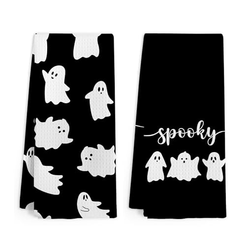 Halloween Ghost Kitchen Hand Towels Set of 2 - Black Spooky Decor, 16x24 Inches