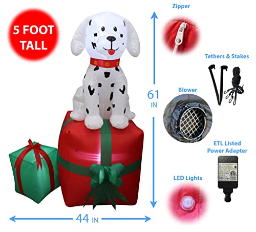 Lighted Christmas Inflatable Dalmatian Puppy on Gift Box - 5 Ft Yard Decor