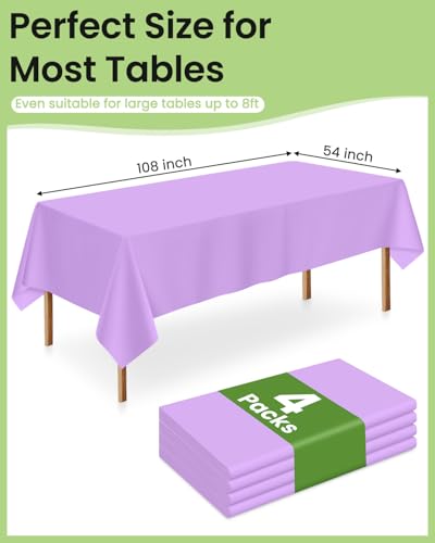 Lavender Disposable Plastic Tablecloths 4 Pack - 54 x 108 Inch for 6ft Tables