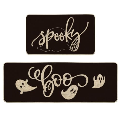 Halloween Spider Web Ghost Kitchen Mats Set of 2 - 17x29 & 17x47 Inch Black