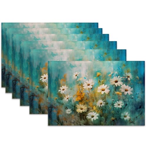 Retro White Daisy Floral Linen Placemats Set of 6 Heat Resistant Table Mats for Home & Dining