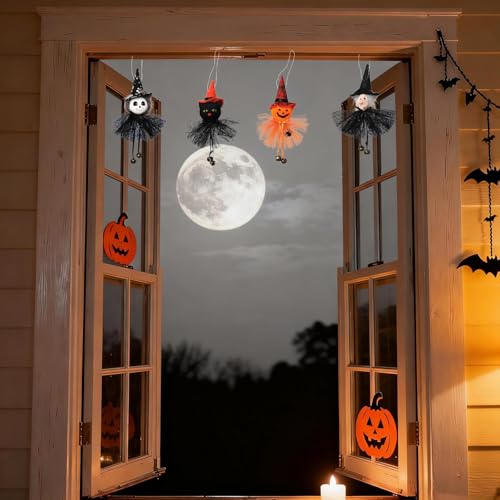 Halloween Hanging Bell Decor Set - 4PCS Pumpkin Ghost Witch Black Cat - Color-02
