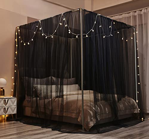 Black Canopy Bed Curtains with Lights for Full to King Size Bed - Halloween & Gothic Room Decor - 87x79x98 Inches