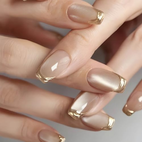 24Pcs Short Square French Cat's Eye Press-On Nails Glossy Fake Nails
