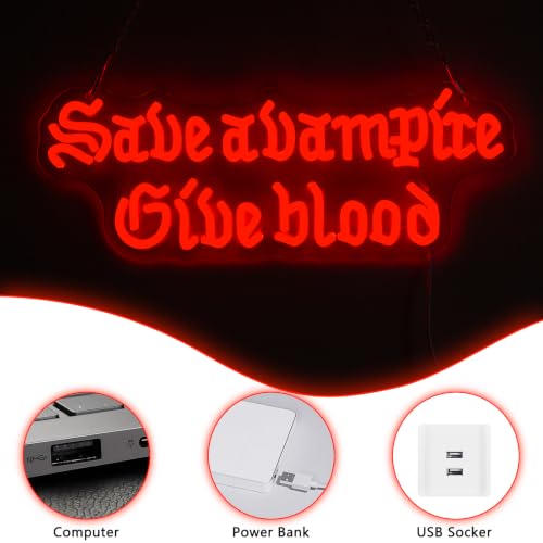 Red Save A Vampire Give Blood Neon Sign - Dimmable Gothic Horror Wall Decor for Home Bar Bedroom Halloween Spooky Gift