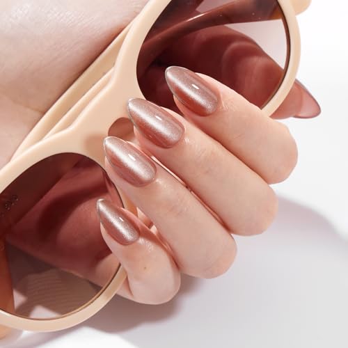 Short Almond Press-On Nails with Pink Cat Eye & Silver Tips - Coral Gleam Variation