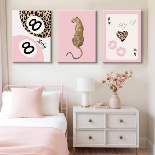 Leopard Canvas Wall Art Set - Pink Cheetah Print Bedroom Decor 16x24 Inch Wrapped Canvas - Trendy Wall Decor