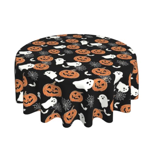 Halloween Round Tablecloth 60 Inch Pumpkin Ghost Spider Web Design - Dust-Proof & Wrinkle Resistant
