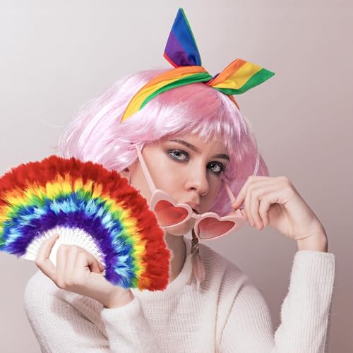 Rainbow Folding Hand Feather Fan for Pride Parade Party Festival
