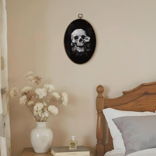 Gothic Skull Wall Art - Dark Gothic Oval Canvas Decor for Home & Bedroom