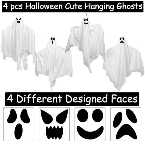 Halloween Flying Ghost Decorations Set - 4 Outdoor Hanging Ghosts, 31 Inches