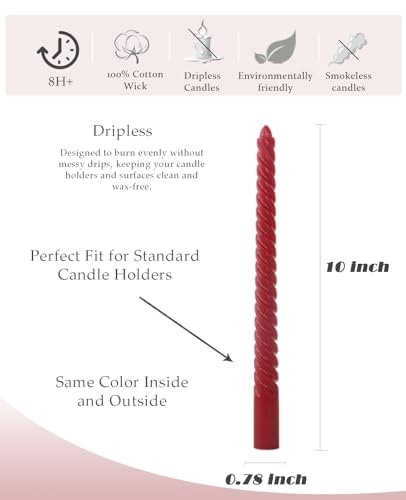 E-Burgundy Spiral Candles 10 Inch Unscented Dripless Taper Candlesticks - 12 Pack