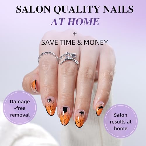 Halloween Press On Nails Short Almond Glitter Spider Design Reusable Set